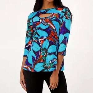 Attitudes by Renee Como Jersey Elbow Sleeve Top with Keyhole, Blue Red, XS NWOT